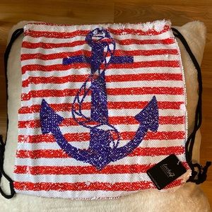 Sequin Anchor sailing red white blue American drawstring backpack